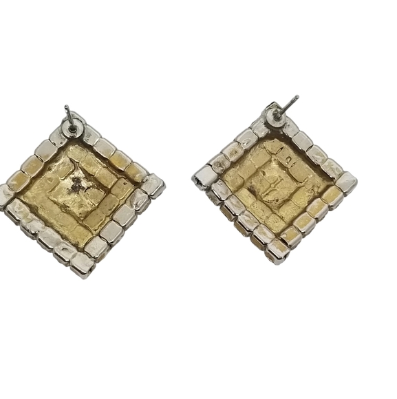 VINTAGE GOLDTONE & GLASS RHINESTONE DIAMOND SHAPE STATEMENT EARRINGS - Picture 6 of 6